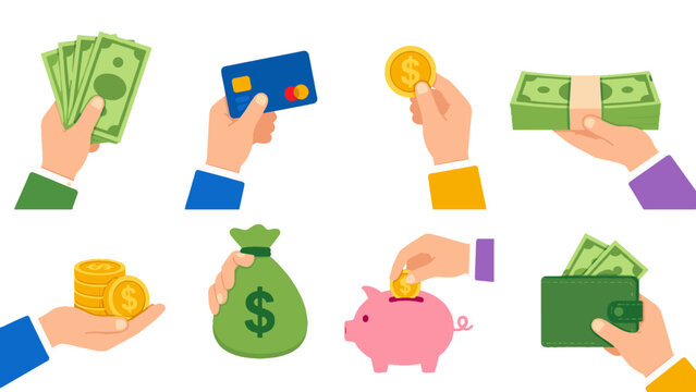Set of hands holding cash card coins wallet and piggy bank