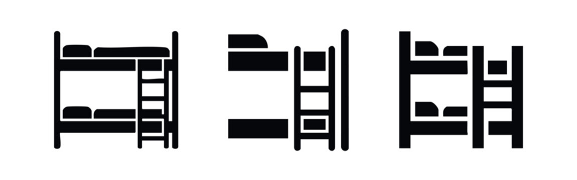 Bunk bed icon set. Double decker beds for children or hostel rooms. Space saving furniture vector illustration.