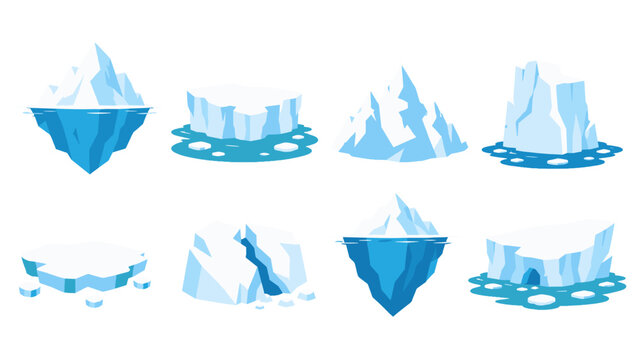 Set of blue icebergs and floating ice blocks vector illustration