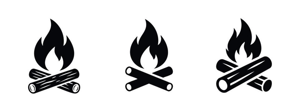 Campfire icons set. Bonfire with logs, symbol of warmth and outdoor adventure. Flat vector illustration.
