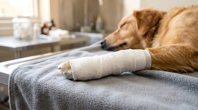 golden retriever dog with a bandaged leg resting on an examination table at a veterinary clinic recovering after medical surgery or treatment