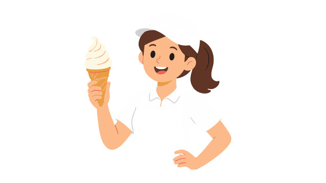 Smiling woman in uniform holding a soft serve ice cream cone