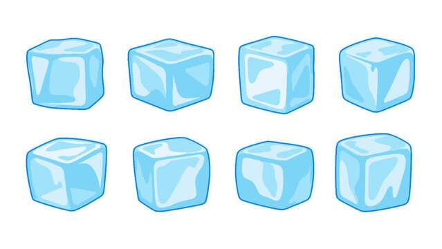 Set of blue ice cubes in glossy cartoon vector style