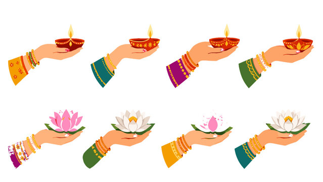Hands holding oil lamps and lotus flowers in decorative vector set