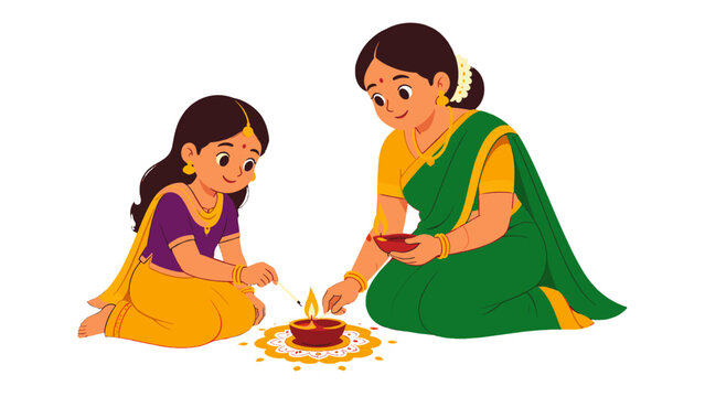 Mother and daughter lighting oil lamps in festive vector illustration