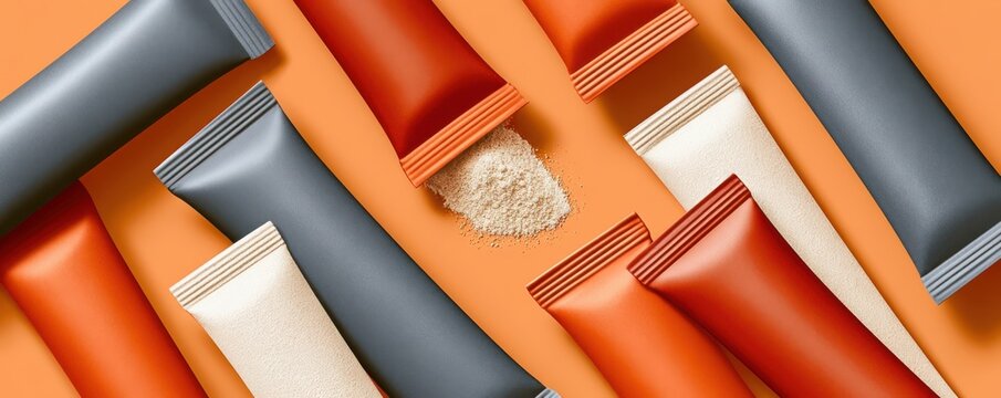 Flat lay of sealed stick packets and spilled powder on orange background for product packaging