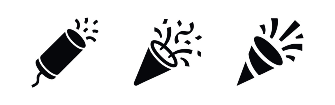 Confetti popper icons set. Festive cracker for celebrations and New Year. Flat vector illustration.