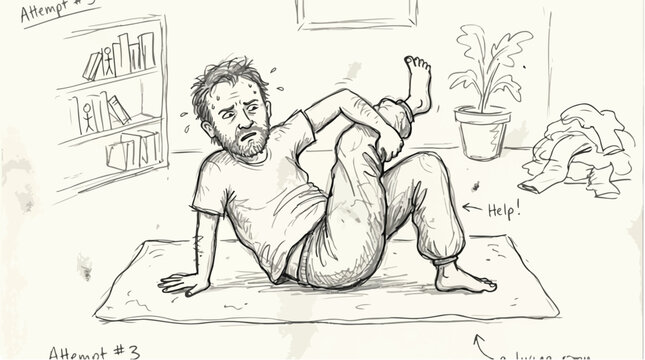 Hand drawn sketch of a struggling man doing yoga at home, funny illustration of a beginner failing a yoga pose, humorous fitness concept art
