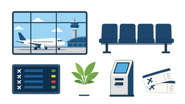 Airport terminal travel icons with plane seats kiosk and tickets