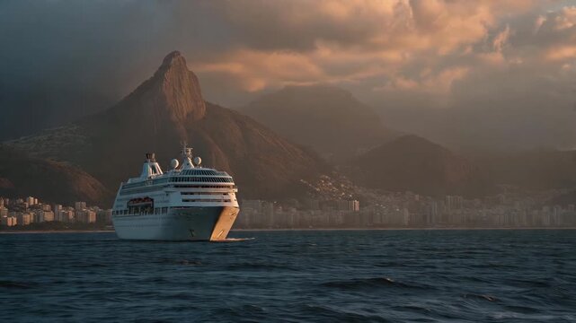 Cruise ship approaching Sugarloaf Mountain in Rio de Janeiro. White vessel sailing toward harbor at sunset. Scenic ocean voyage with urban skyline and rocky peaks.