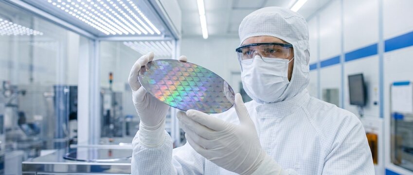 Technician in cleanroom suit examining semiconductor wafer in laboratory