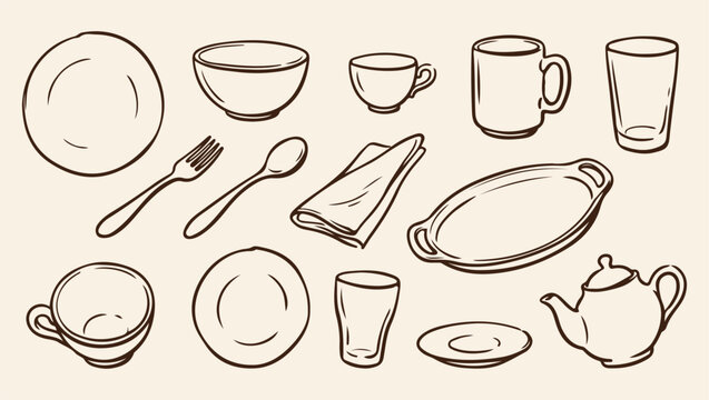 kitchen dining tabletop setting pattern, elegant dining table dinner background, tabletop cutlery dining ware illustration, plates cups dining ware print, hand drawn dining table icons, dining table s