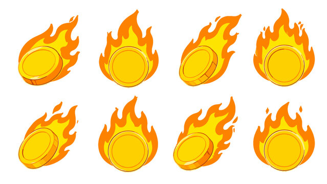 Set of gold coin icons with flames in cartoon vector style