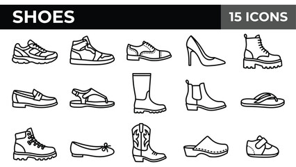 Obraz premium Minimalist shoes icon set with 15 vector line elements, modern footwear collection, black and white fashion shoe icons