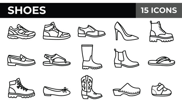Minimalist shoes icon set with 15 vector line elements, modern footwear collection, black and white fashion shoe icons