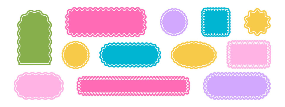 Colorful geometric shapes with scalloped edges and transparent border lines. Basic curvy forms isolated on white background. Empty stamps, stickers, tags or labels. Vector flat illustration.