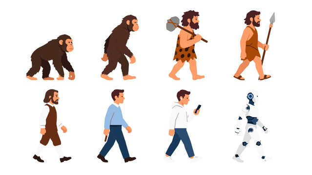 Human evolution stages from ape to modern person and robot