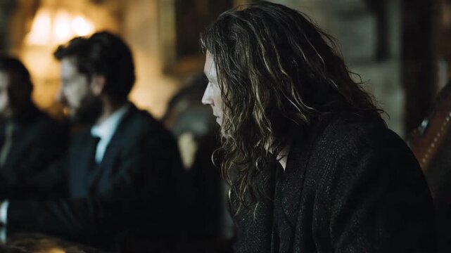 Man with long wavy hair in serious business meeting. Suited executives gathered around table in dimly lit room. Focus shifts from group discussion to intense close-up on central figure.