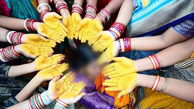 Close-up footage of a traditional Indian Haldi ceremony where family members and friends apply turmeric paste to the bride before marriage. The pre-wedding ritual symbolizes purification, blessings.