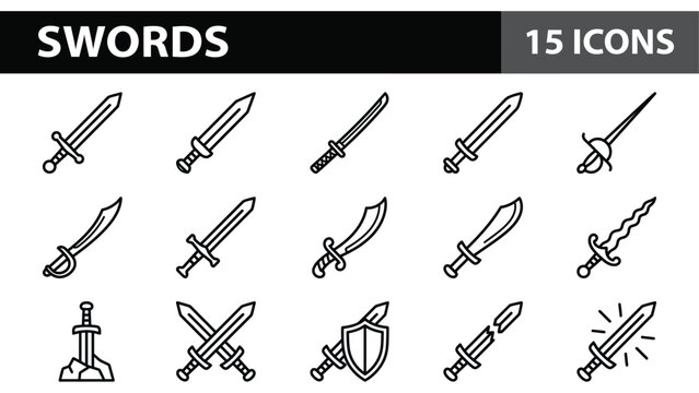Medieval swords line icons, 15 ancient weapon vector elements, historical blade and shield symbols for gaming apps