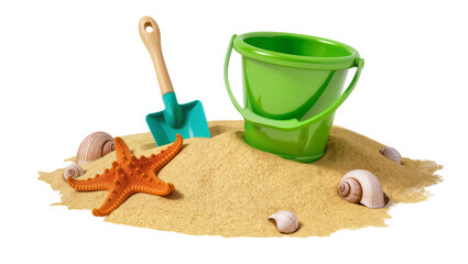 Green bucket and shovel on sand with starfish and seashells © Solene