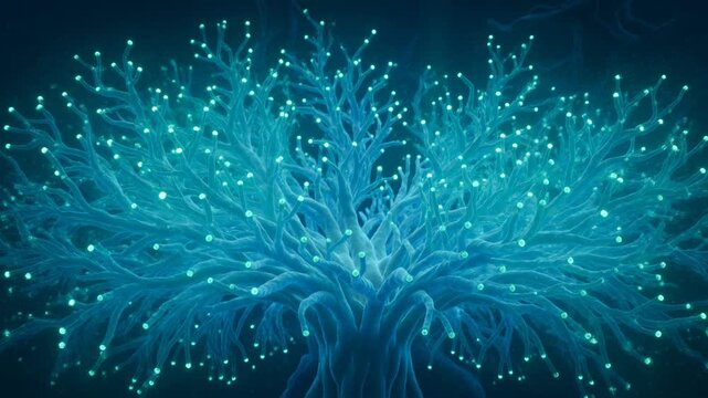 Organic neural network activation animation with glowing cyan branches and spreading light orbs symbolizing connectivity and data flow in a complex system, bioluminescent effect video footage