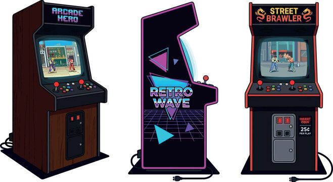 Retro Retro Arcade Game Machine Vector Set Featuring Classic Retrowave Cabinet Style and Fighting Games for Vintage Eighties Video Gaming Entertainment Designs