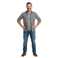 Fototapeta premium Smiling Man in Plaid Shirt and Jeans Standing Confidently - Isolated on White