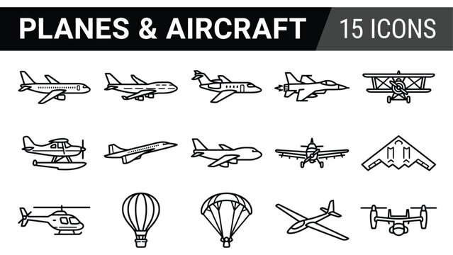 Planes and aircraft icon set, 15 aviation line icons, commercial airplane and military jet vector, flight symbols