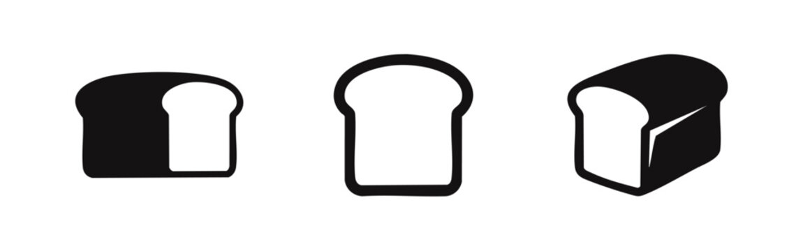 Bread loaf icon set, sliced bread vector symbols black glyph style