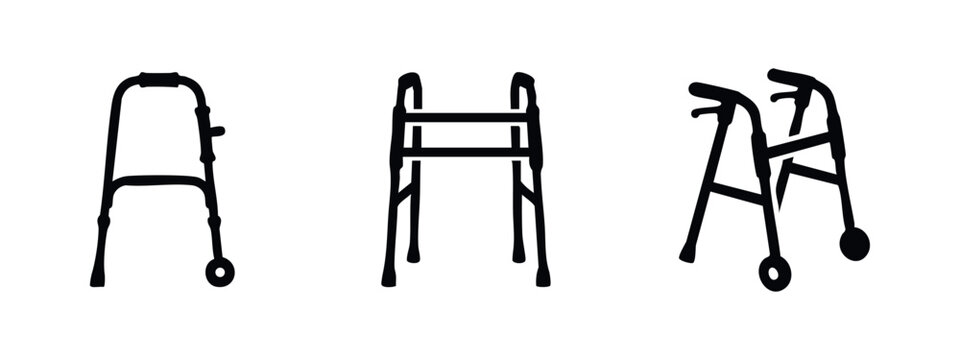 Medical walker icon set. Walking frame and mobility aid for elderly or disabled people symbols in black silhouette.