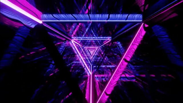  a futuristic time tunnel with this high-quality VJ Loop effect, featuring a repeating geometric triangle tunnel clad in dynamically bright magenta (pink) and electric blue LED neon lights.