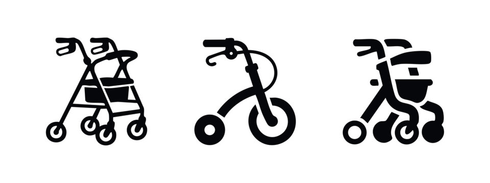 Rollator walker icon set. Wheeled mobility aid for elderly or disabled people symbols in black silhouette.