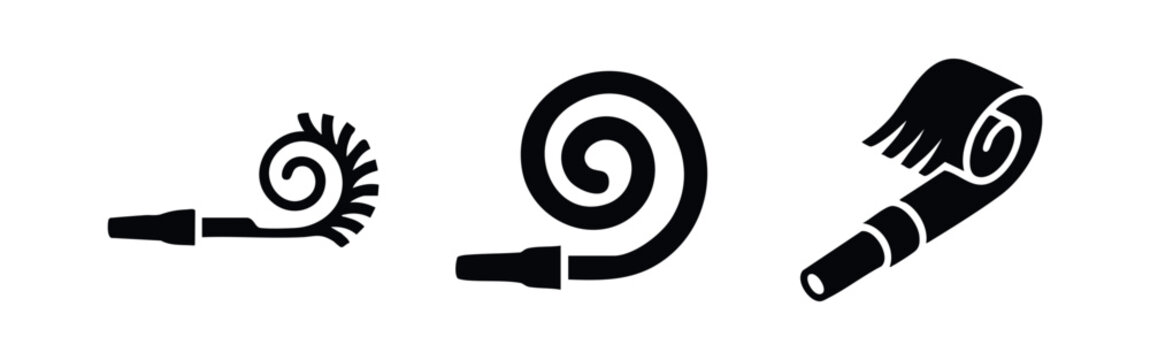 Party blower icon set. Celebration, birthday, and festive noise maker symbols in black silhouette. Event accessories.