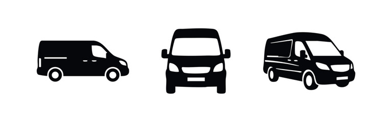 Delivery Van Icon Set. Black and white vector illustrations of commercial vehicles. © Lili