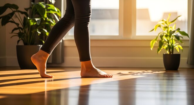 Barefoot Person Walking Across a Bright Sunlit Wooden Floor in a Peaceful Home Environment