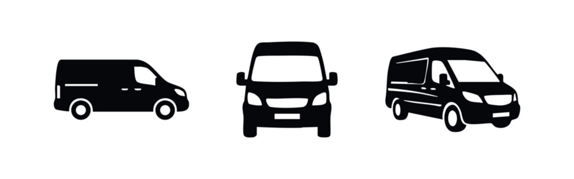 Delivery Van Icon Set. Black and white vector illustrations of commercial vehicles.