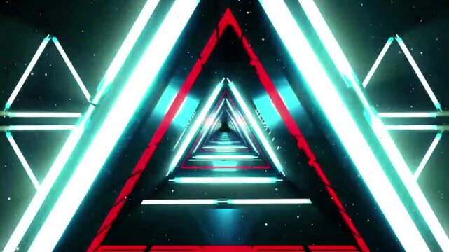 A visual effect of an infinite tunnel formed by a series of triangular LED neon lights. With a dynamic color combination of bright red and electric cyan blue,