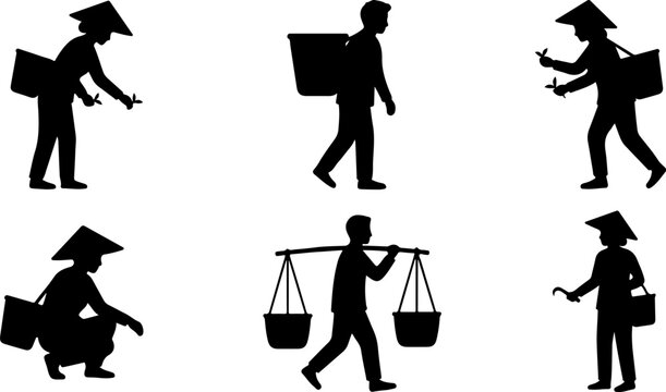Set of silhouettes of asian farmers working in the field vector illustration