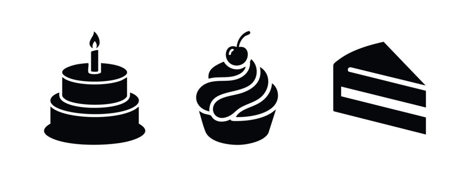 Cake icons set. Birthday cake, cupcake with cherry, and cake slice vector illustration.