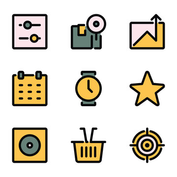 Set of vector outline icons with filled colors covering various user interface and web elements.