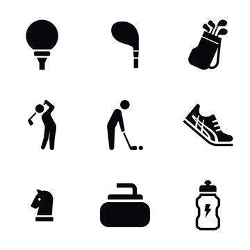 Set of nine black icons for golf and sports equipment on white background.