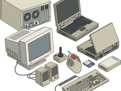 Retro Vintage Personal Computer and Hardware Vector Set with Classic CRT Monitor Laptops Keyboard Mouse Joystick and Old Nineties Workstation Accessories