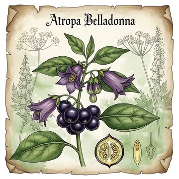 Atropa belladonna plant with berries and leaves.