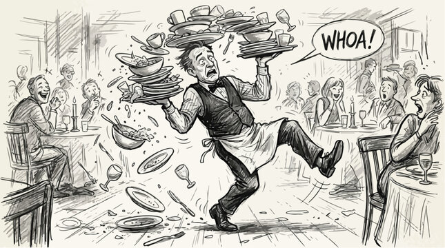 Vintage hand-drawn waiter caricature dropping plates, clumsy server in busy restaurant, funny sketch of dining room chaos and falling dishes