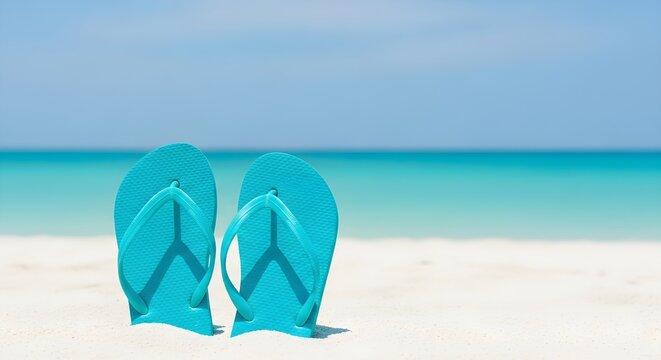 Bright Turquoise Flip Flops Resting on Pristine White Sand with a Serene Tropical Ocean Background
