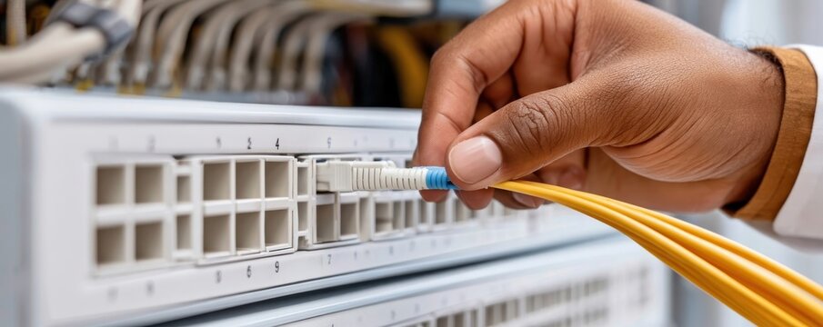 Technician plugging an ethernet cable into a network patch panel in a server rack