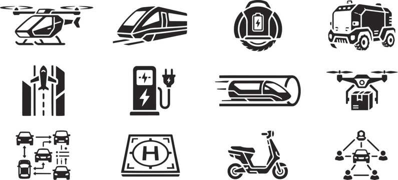 Future Transportation and Autonomous Vehicle Glyph Icon Set