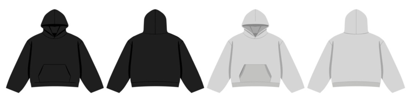 White black boxy crop hoodie front back mockup. Fashionable oversized sweatshirt template casual clothes with hood cotton vector textile unisex set for streetwear wear.