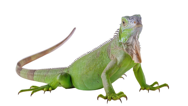 Green iguana reptile with scaly skin and crest on white